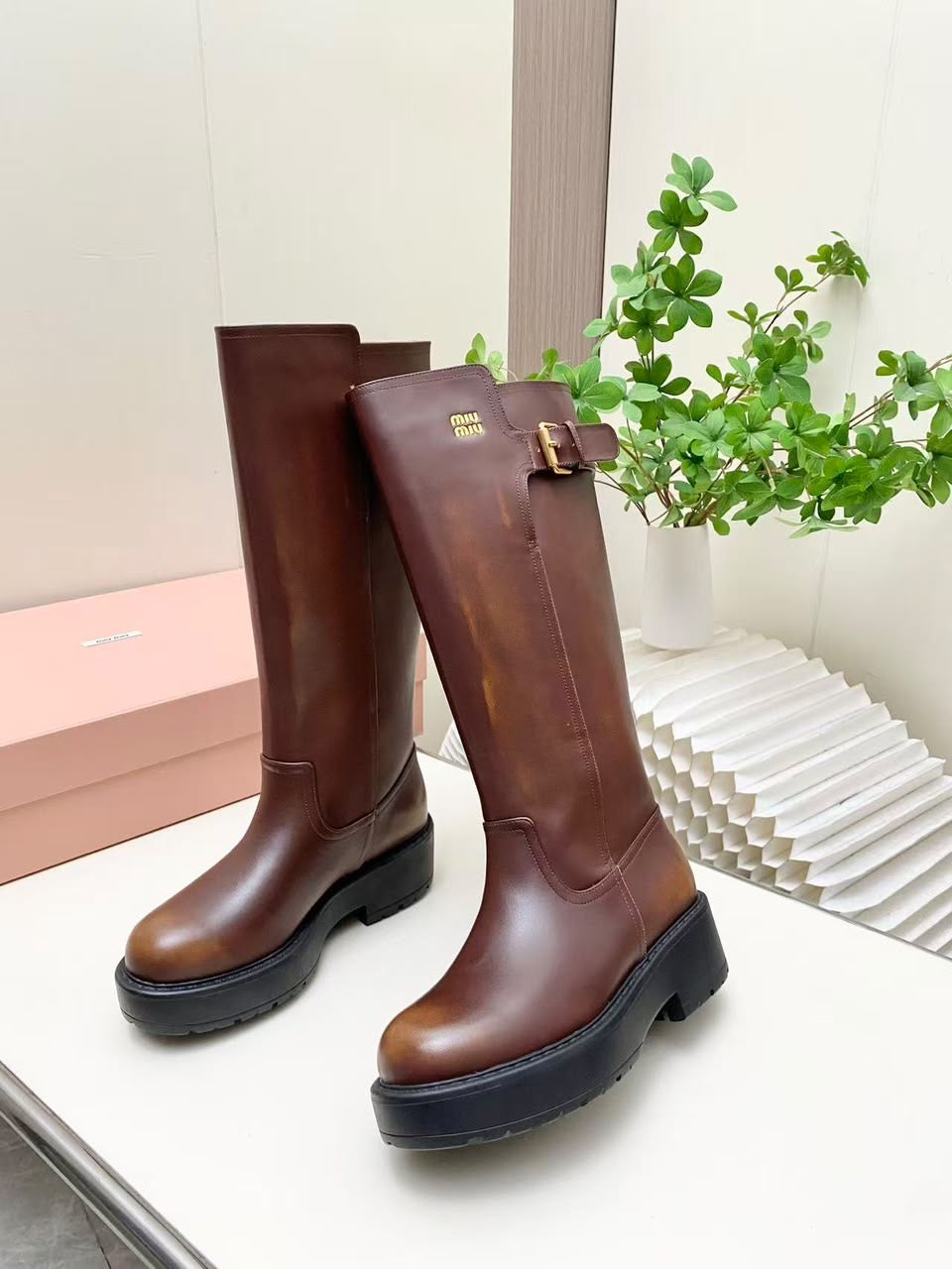 Miu Miu Coffee Leather Boots