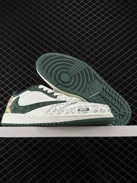 2C40G Overseas Explosive Limited Edition Company Grade Travis Scott x Fragment Design x Jordan Air Jordan 1D Low OG SP Bape Co branded Camo Green Multi party Co branded