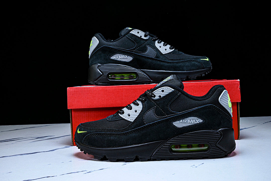 【250】FQ2377-001 AIR MAX 90 RETRO AIR CUSHIONED RUNNING SHOES BLACK/LIGHT GRAY/GREEN