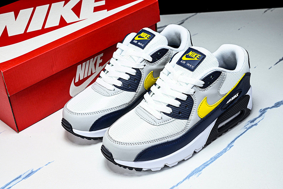 AJ1285-101 AIR MAX 90 RETRO AIR CUSHIONED RUNNING SHOES BLACK/WHITE/LIGHT GRAY/YELLOW