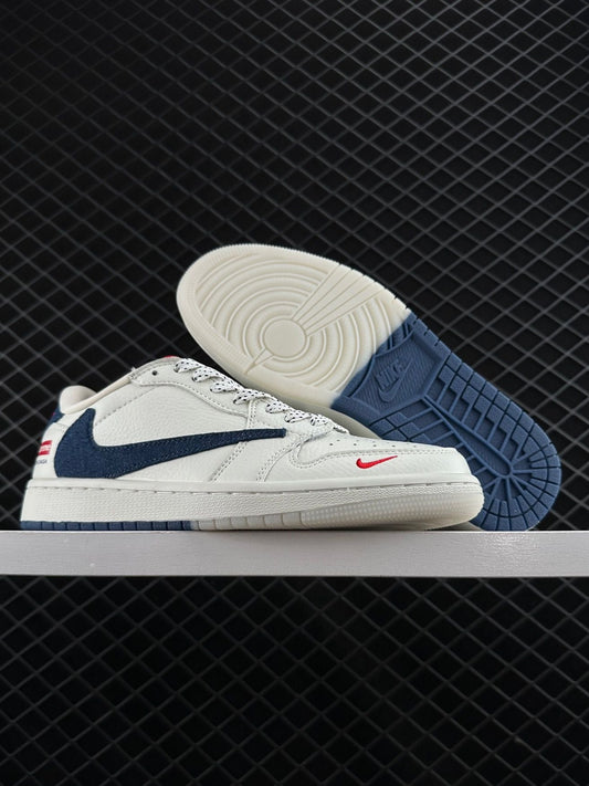 2C40G Overseas Explosive Limited Edition Company Grade Travis Scott x Fragment Design x Jordan Air Jordan 1D Low OG SP Supreme Co branded Rice White Blue Cowboy Hook