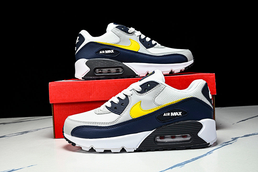 AJ1285-101 AIR MAX 90 RETRO AIR CUSHIONED RUNNING SHOES BLACK/WHITE/LIGHT GRAY/YELLOW