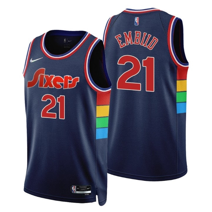 Sixers dark blue 21 Embiid jersey
