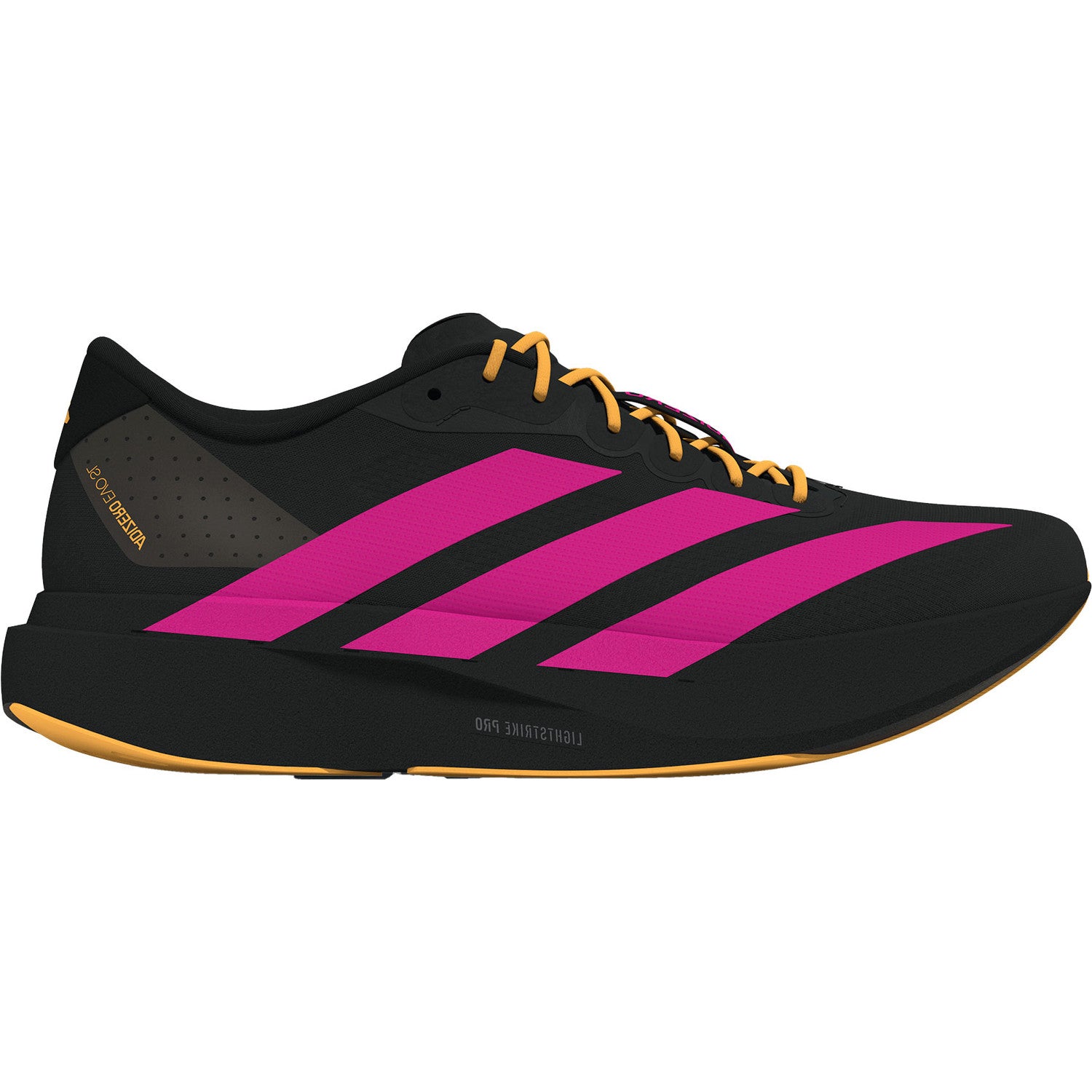 Adidas Adizero EVO SL running shoes in black with shock pink stripes and flash orange accents.
