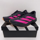 Adidas Adizero EVO SL running shoes in black with shock pink stripes and flash orange accents.