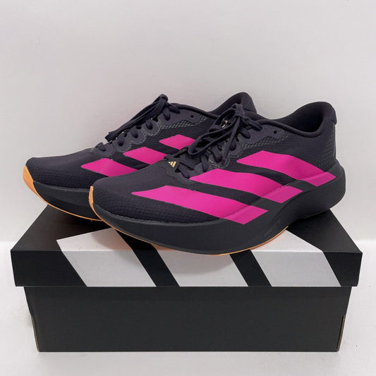 Adidas Adizero EVO SL running shoes in black with shock pink stripes and flash orange accents.