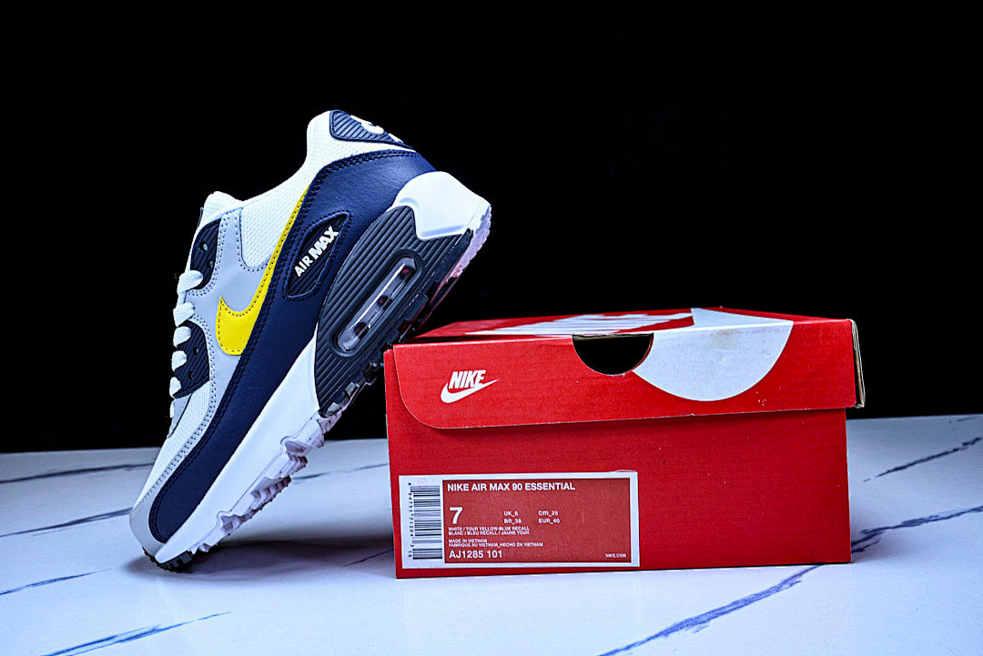 AJ1285-101 AIR MAX 90 RETRO AIR CUSHIONED RUNNING SHOES BLACK/WHITE/LIGHT GRAY/YELLOW