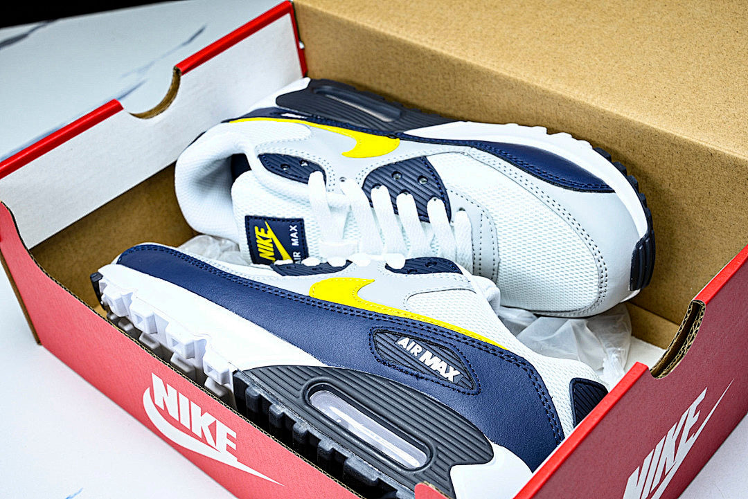 AJ1285-101 AIR MAX 90 RETRO AIR CUSHIONED RUNNING SHOES BLACK/WHITE/LIGHT GRAY/YELLOW